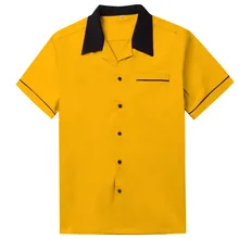 Винтажные мужские рубашки с отложным воротником, черные желтые рубашки на пуговицах, мужские рубашки с коротким рукавом в стиле рокабилли, Мужская одежда, рубашки для боулинга в западном стиле