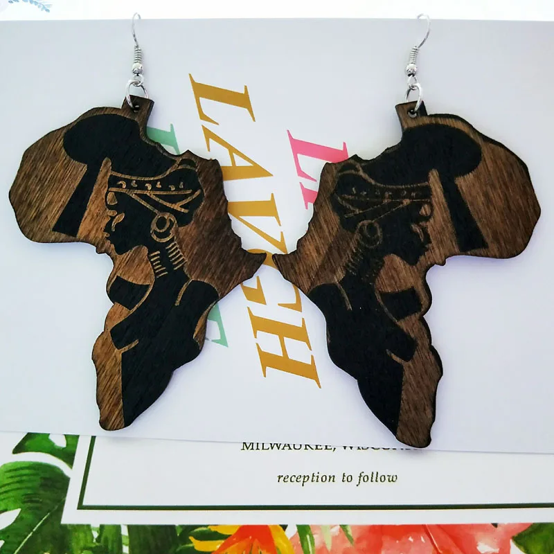 Коричневые деревянные африканские карты племенные гравированные тропические модные черные женские серьги винтажные Ретро Деревянные африканские хип-хоп ювелирные аксессуары