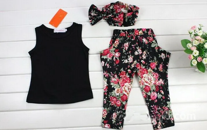 Модный повседневный костюм для девочек с цветочным рисунком комплект одежды для детей костюм без рукавов+ обруч на голову комплект летней детской одежды