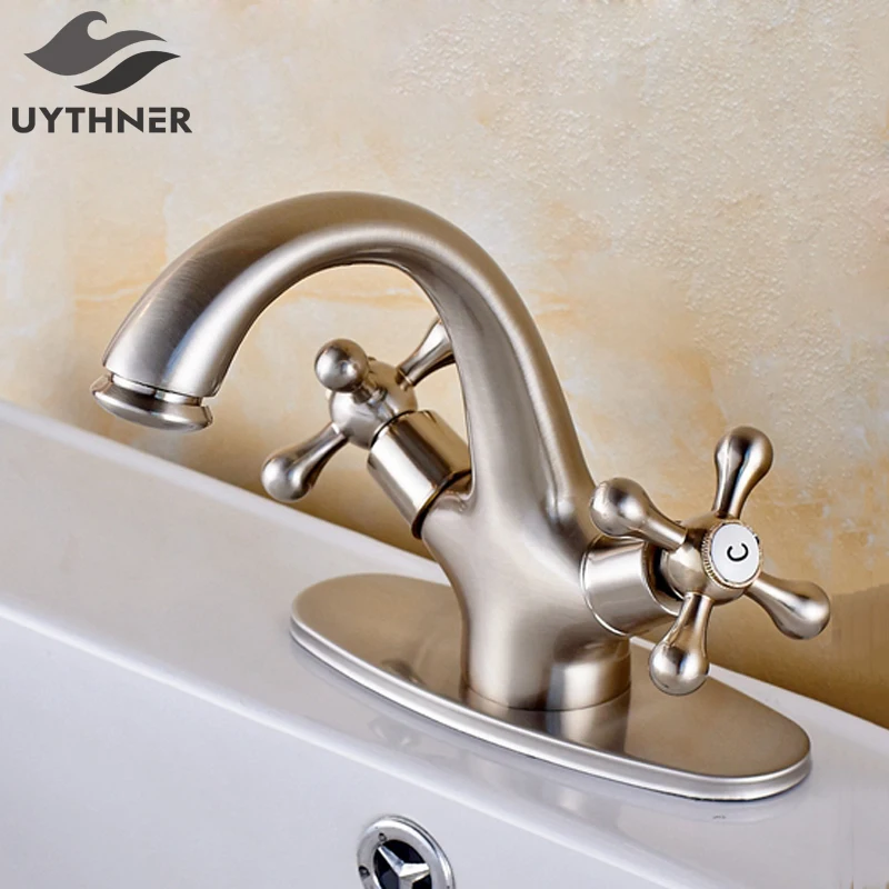 

Uythner Round Cover Brushed Nickel Bathroom Basin Faucet Ceramic Valve Hot And Cold Water Tap Deck Mounted NEW