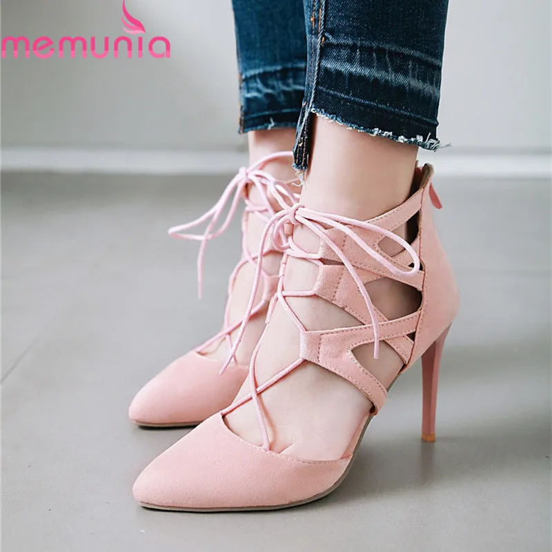 

MEMUNIA 2019 new arrival gladiator sandals women pointed toe hollow out summer shoes zip stiletto high heels party shoes woman