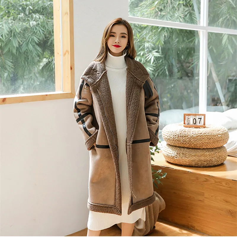 HANZANGL, Женское пальто из овечьей шерсти, зима, новое, шикарное, свободное, контрастный цвет, толстое, теплое пальто, куртки, Женская длинная парка, большой размер - Цвет: 3