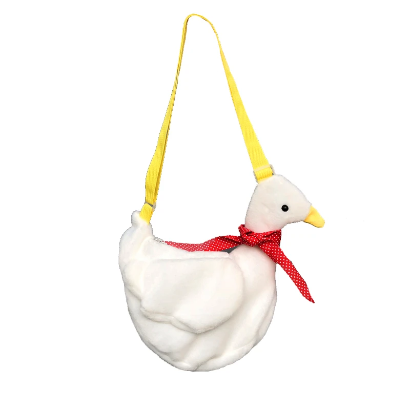 

2019 NEW Girl Funny Fluffy 3D duck Handbag Women Silk scarf Shoulder Bags Big white goose With Round tie Mini Messenger Bag