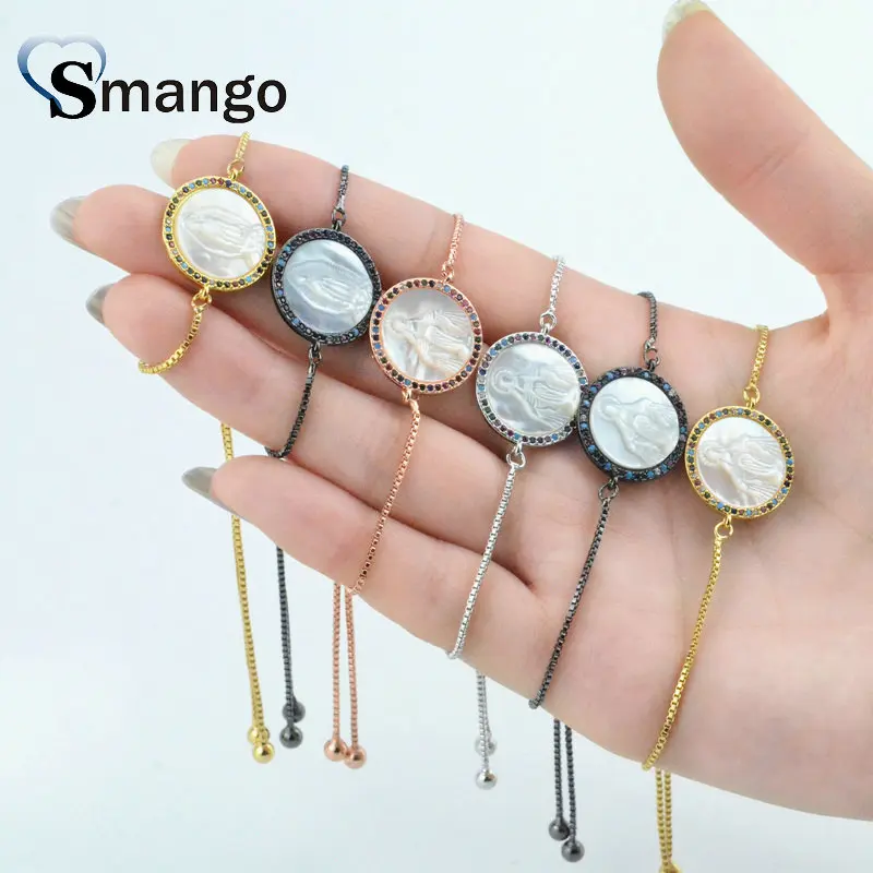 

5Pieces 2019 New Arrival! Women Rainbow Series Round Card Jesus Shape CZ Prong Setting Bracelet,Four Plating Colors,Can Mix
