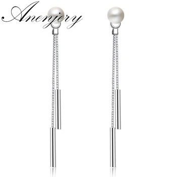 

ANENJERY Silver Color Pearl Tassel Long Earrings For Women Double Chain Ear Jewelry S-E178