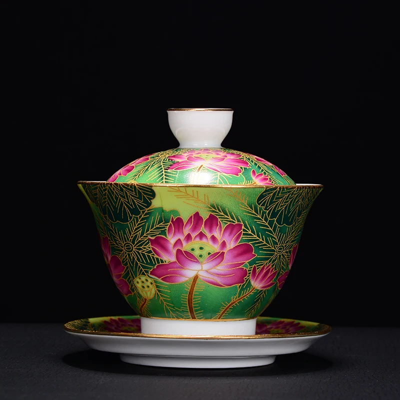 Ceramic teacup peony flower cover bowl Kungfu tea set tea bowl Travel portable tea set Household drinking utensils WSHYUFEI - Цвет: 150ml