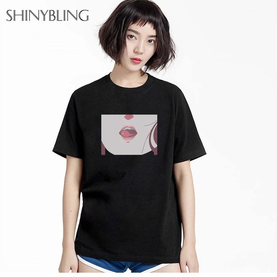 Tee Shirt Femme Lip Sexy TShirt Kawaii Korea Ulzzang Harajuku Print Women White Black Grey T-Shirt Casual Loose Short Sleeve Top Tops