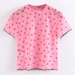 ANSFX Стильный пуловер с коротким рукавом и круглым вырезом с сердечком, розовая Сетчатая футболка, модная облегающая футболка, милая майка