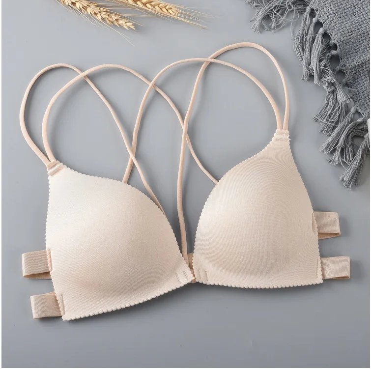 

Wire Free Women Padded Bra Front Closure Vest Type Seamless Push Up Strappy Women Bra Sexy Back Cross Bandage Underwear
