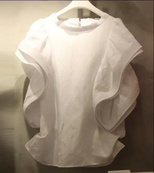 

2019 Spring and Summer Korean Cotton Casual T-shirts Lotus Leaf Side Doll Pure Color Sweet Lady T-shirts Loose O-Neck