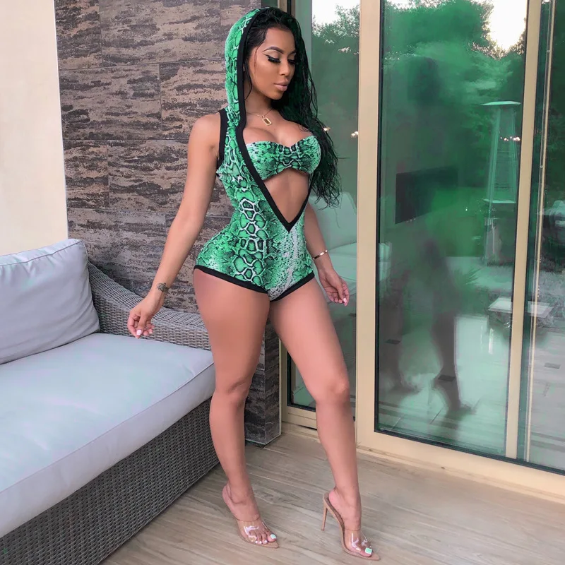 

Sleeveless sexy Deep V Lead Even Hat summer snake print Sexy Shorts Pants bodysuit women rompers jumpsuit overalls body mujer