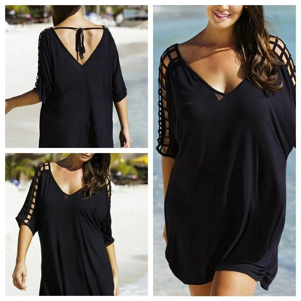 

New Hot Sale Plus Size Womens half sleeve v-neck Summer loose black Mini Dresses Ladies Beach Cover-Up Sundress M-XXXL