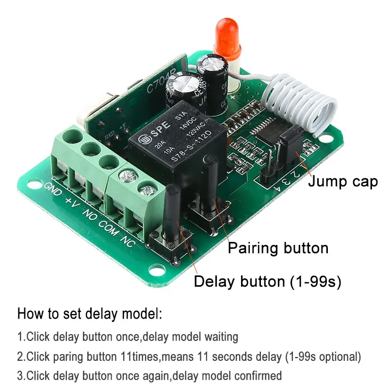 KTNNKG DC 12 В 1CH 10A беспроводной пульт дистанционного управления реле задержки модуль приемника и EV1527 433 МГц 1-99s функция задержки
