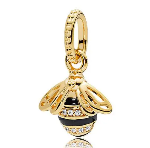 

925 Sterling Silver Bead Charm Black Enamel Gold Color Shine Queen Bee Necklace Pendant Fit Pandora Bracelet & Necklace Jewelry