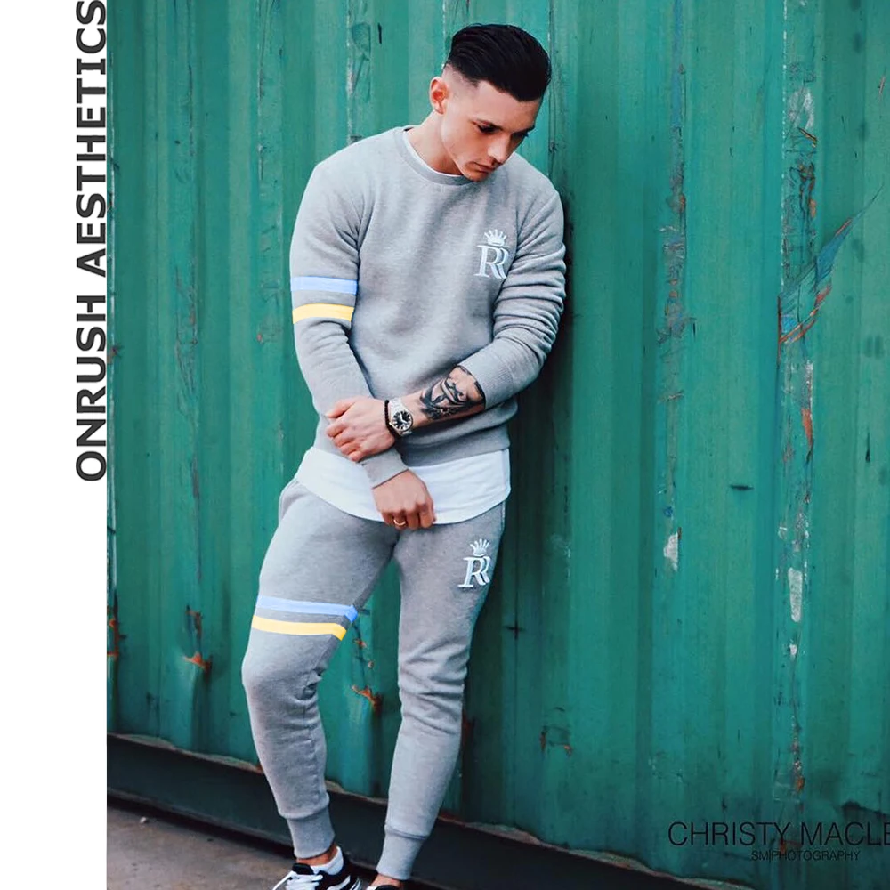 

OA Fitness Mens Outfit Bodybuilding Casual Round Collar Pullover Tops + Elastic Breathable Workout Sweatpants Jogger Suits