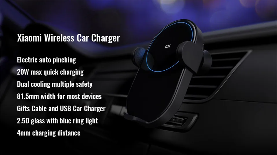 1.Original Xiaomi Wireless Car Charger 20W Max Electric Auto Pinch 2.5D Glass Ring Lit Newest Charging for Xiaomi Mi Smartphone
