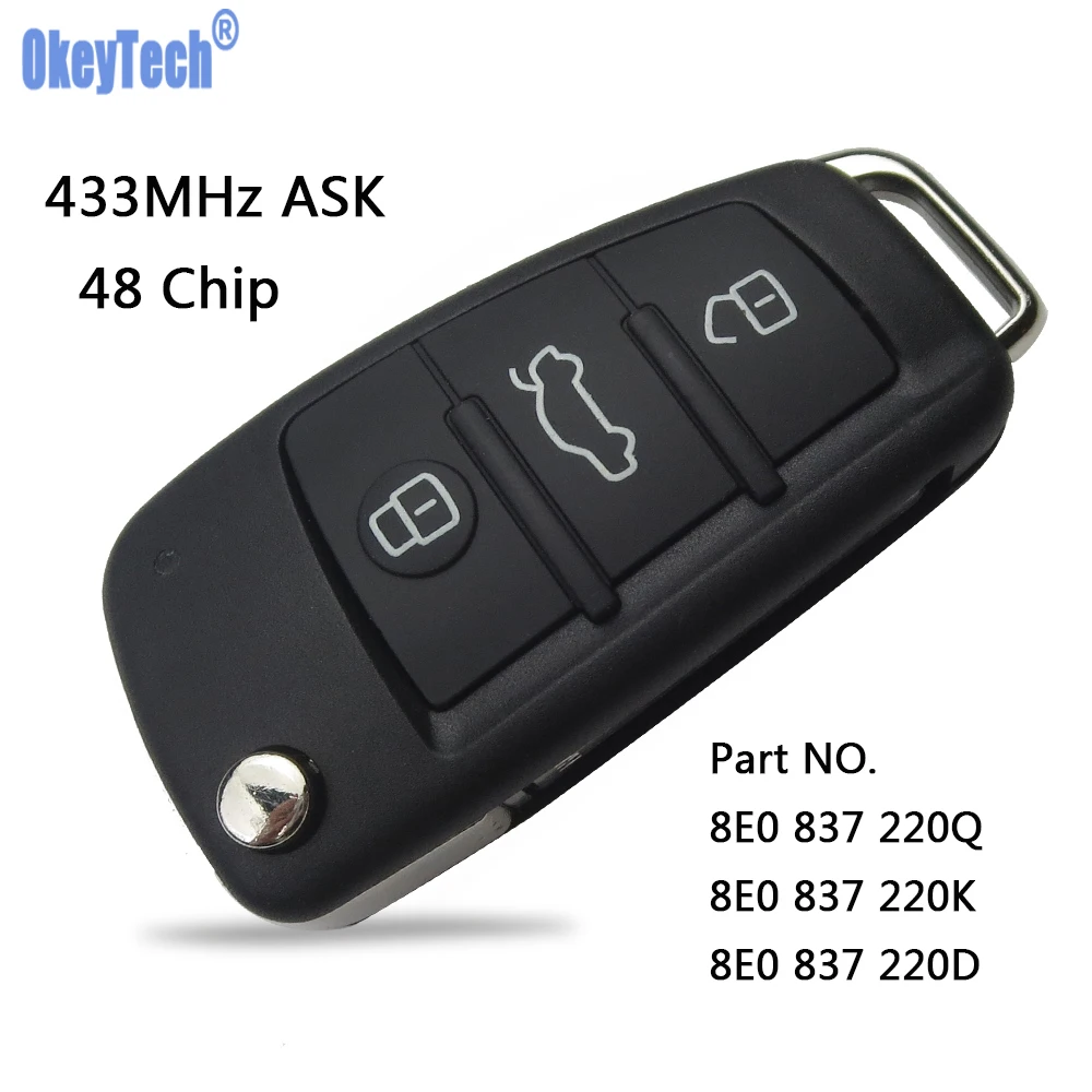 

OkeyTech for Audi A6L A2 A3 S4 Quattro Avant Flip Folding Auto Car Remote Key 3 Button HU66 Blade 8E0837220R 433Mhz ID48 Chip
