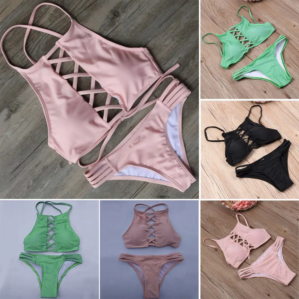 

Women 2018 Bikini Set Solid Strap 3 Colors Swimsuit Beachwear Swimwear push up monokini Bra Bathing