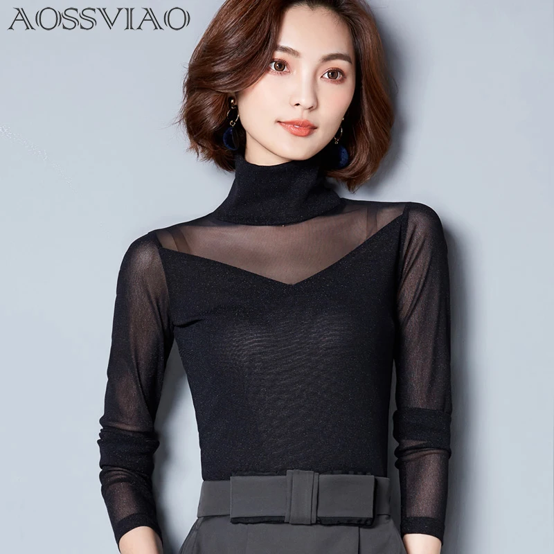 

AOSSVIAO 2019 New Women Blouse Shirt Sexy Long Shirt Casual Long Sleeve Lace Blouse Under Shirts Hollow Tops For Woman Plus Size