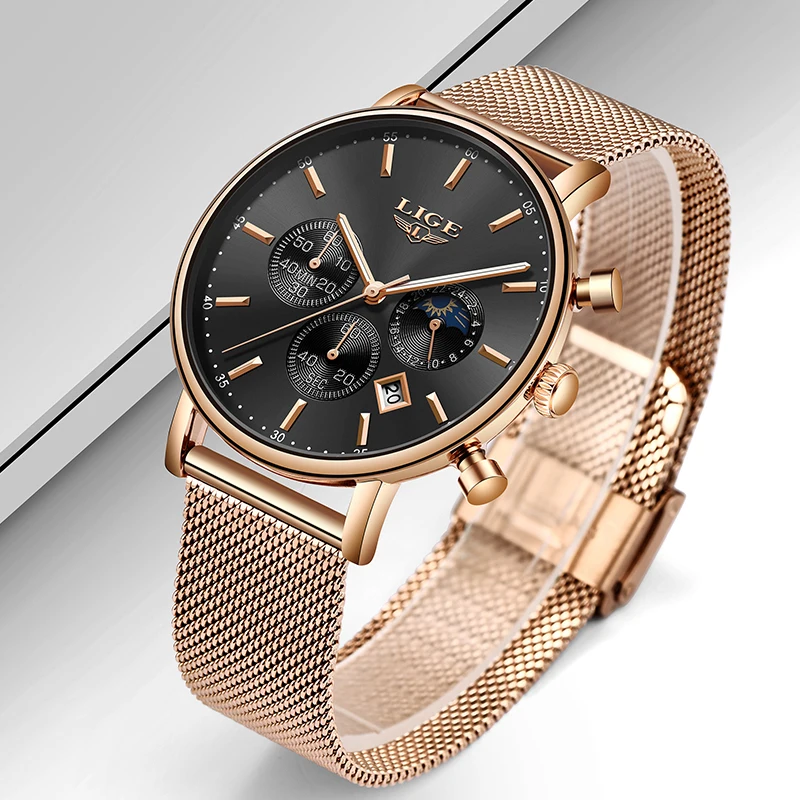 New LIGE Mens Watches Top Brand Luxury Fashion Ultra Thin Quartz Watch Men Moon Phase Business Clock Sport Waterproof Relojes