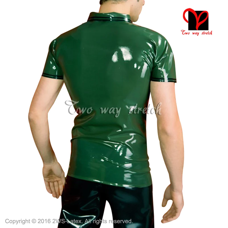Зеленая с черными планками Кнопка отложной воротник латексная рубашка резиновая uniformTop резиновая нижнее белье одежда XXXL SY-058