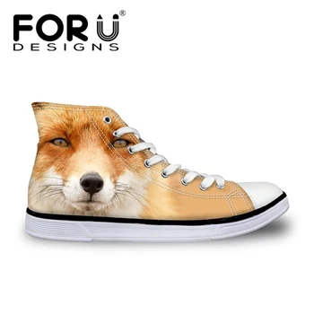 

FORUDESIGNS Cool 3D Animal Fox Pattern Flats Vulcanize Shoes for Teen Girls Autumn Casual High Top Women Sneakers Canvas Woman