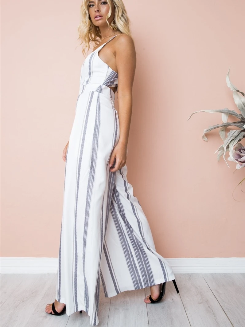 

2019 Women's Pinstripe Print Tube Romper Beachwear Spaghetti Strap V Neck Floral Print Bow Backless Wide Leg One-Piece Jumpsuit