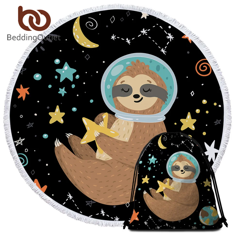 

BeddingOutlet Sloth Round Bath Towel Cartoon Animal Beach Towel With Bag Planet Stars Blanket Universe Outer Space Toalla 150cm