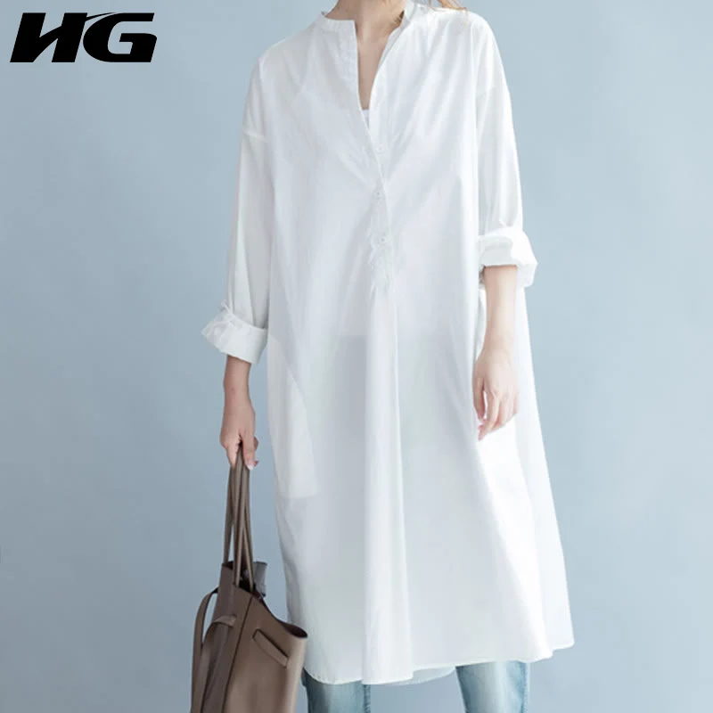 

[HG] 2019 Spring New Korea Fashion Women Stand Collar Full Sleeve Casual Dress Female Solid Color Button Mid-calf Dress WBB2701