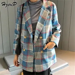 HziriP для женщин Повседневное Пиджаки для и куртки осень Винтаж с длинным рукавом в западном стиле форма стиль многоцветный плед офис