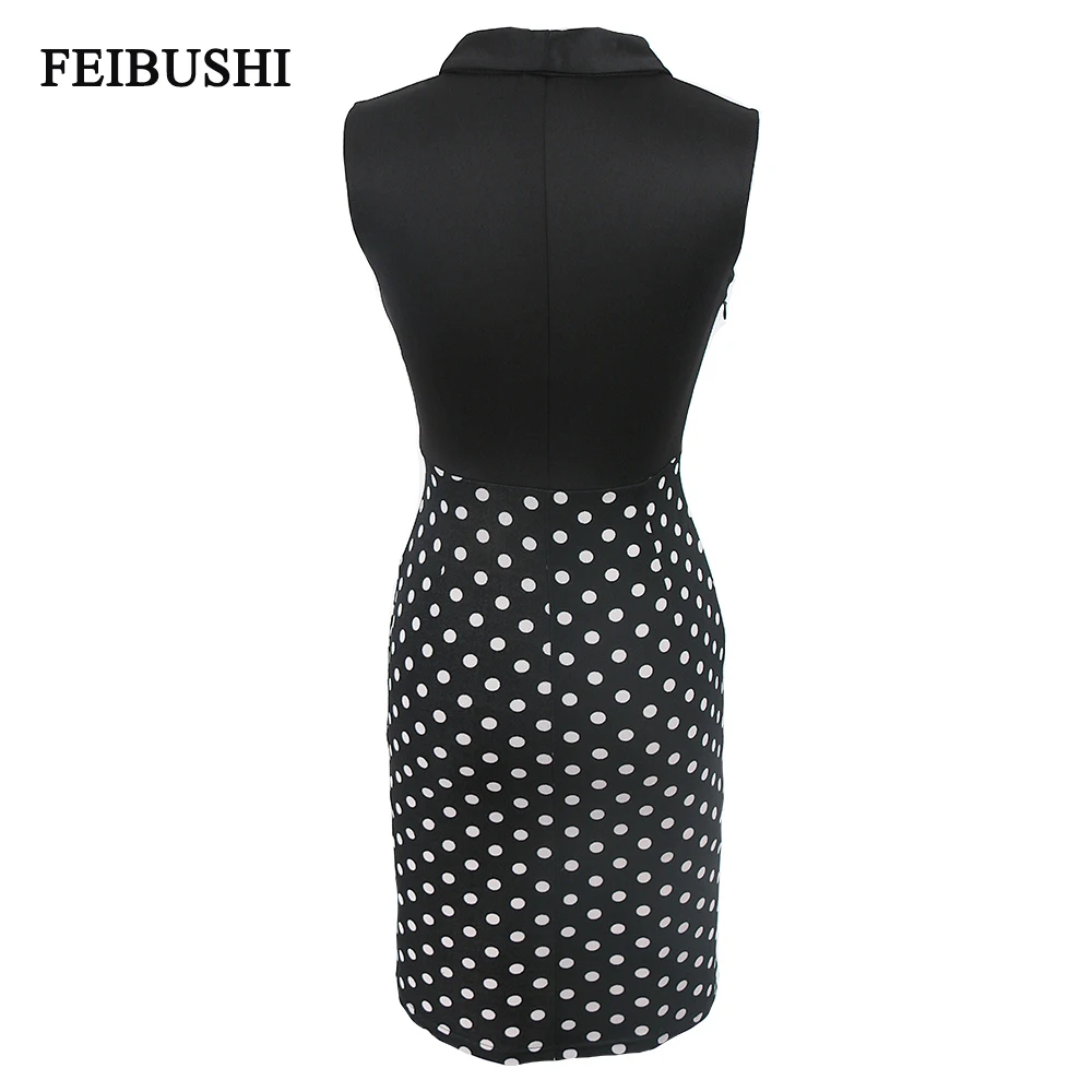FEIBUSHI Women Elegant Sleeveless Cocktail Polka dots Patchwork Vintage Casual Wear To Work Office Business Bodycon Pencil Dress (2)