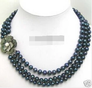 

HOT N859 3 Rows 7-8mm Black Pearl 18KWGP Shell Flower Clasp Necklace
