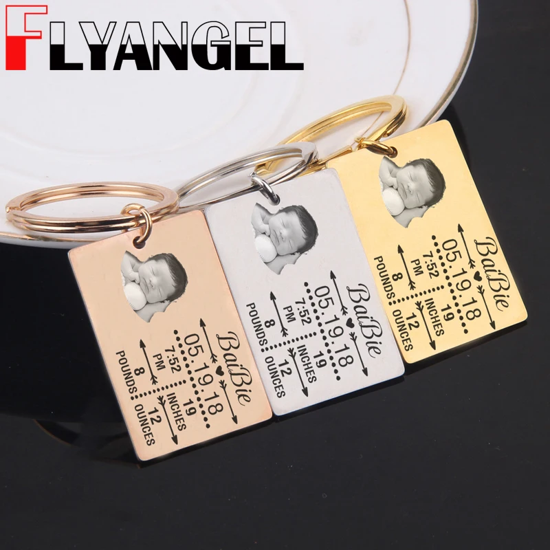 

FLYANGEL Personalized Engraved Baby Photo And Baby statistics Keychain New Baby Keyring High Quality Key Tag New Parents Gifts