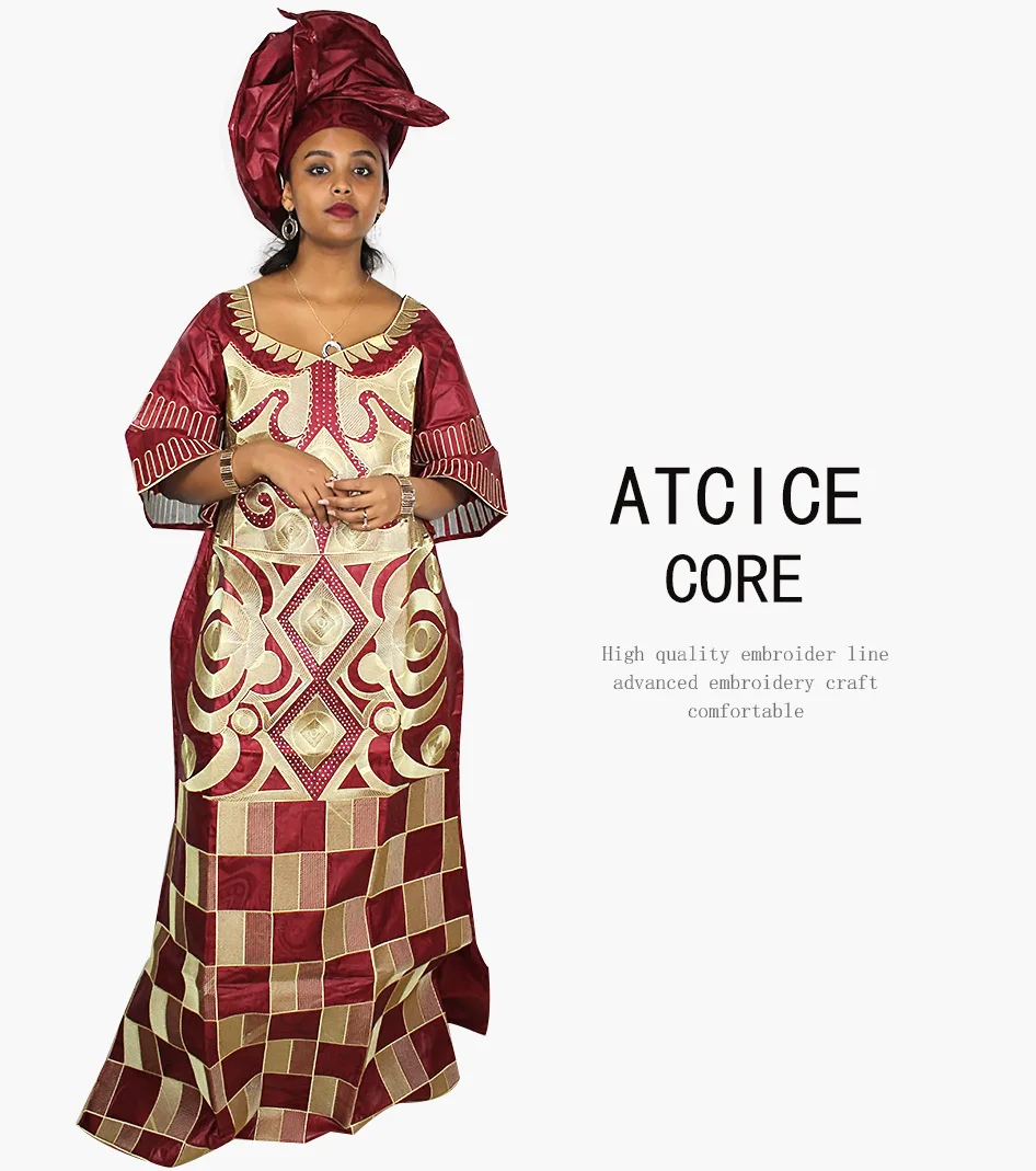 African Dresses For Woman Bazin Riche Computer Emboridery Plus Size Long Dress With Scarf A023 african robe