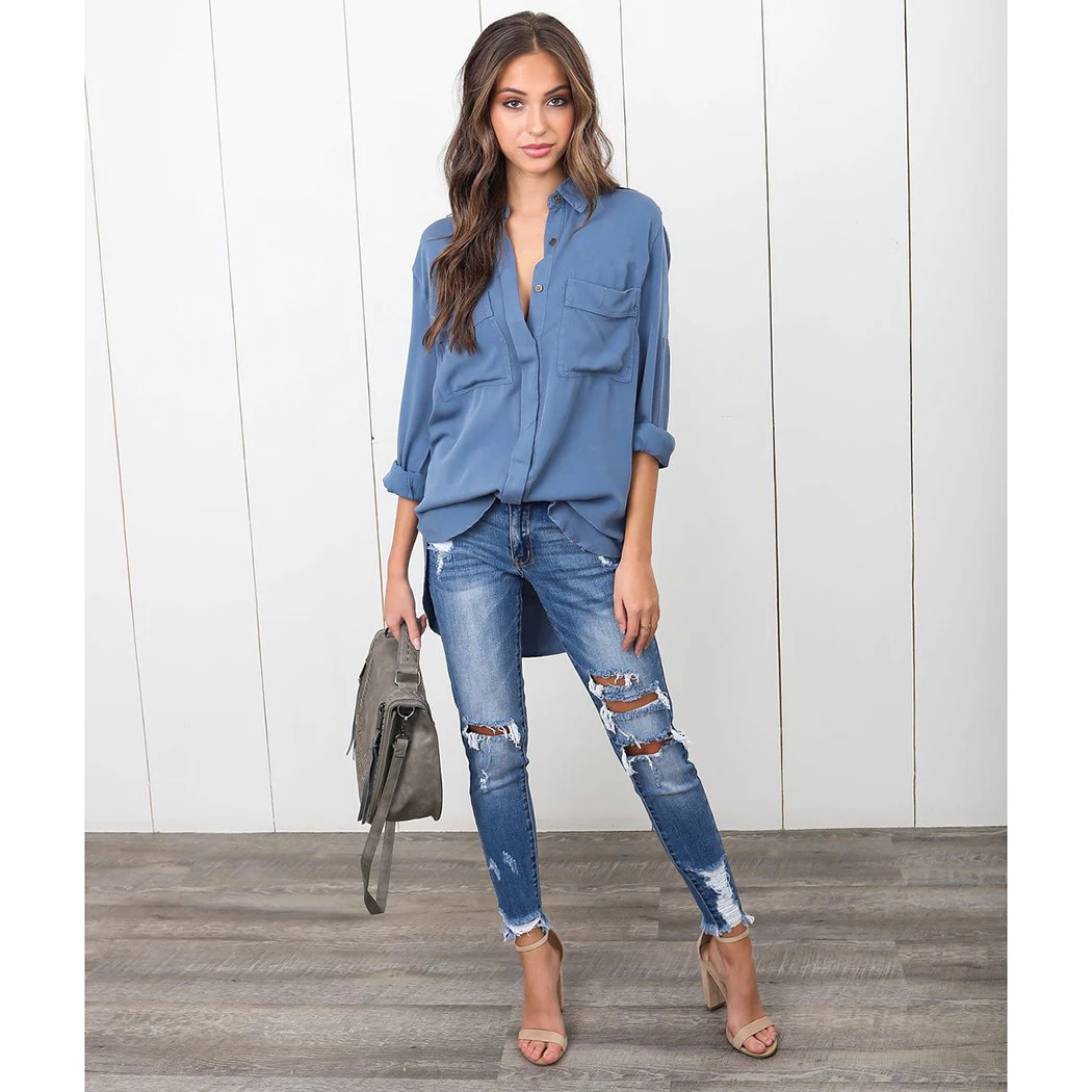 Sexy V cuello gasa moda de manga larga Irregular blusas Color sólido Turn-Down Collar camisas Ropa Mujer blusas