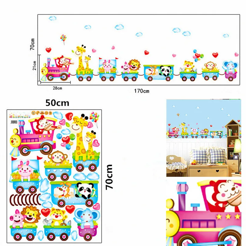 Водонепроницаемый многоцветный милый мультфильм Животные на наклейки на стену поезд стены бумаги рулон обои s для детской комнаты ванной комнаты
