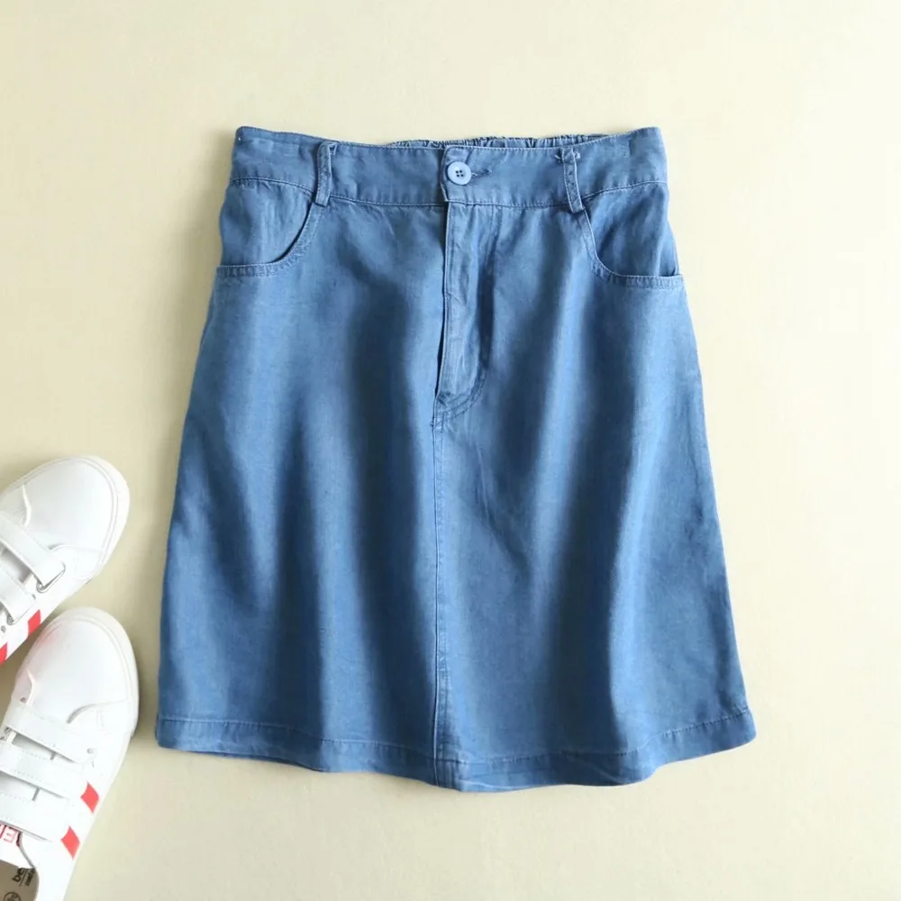 Летняя мини мягкая джинсовая юбка, однотонные джинсовые юбки с эластичной резинкой на талии, а-силуэт, сексуальная винтажная Повседневная светло-синяя офисная юбка с карманами