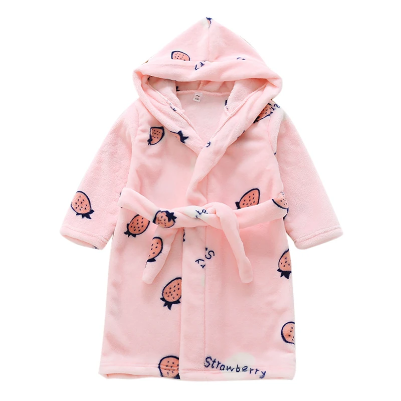 Unisex Kids Baby Flannel Bathrobes, Girls Robe Cute Pink Strawberry