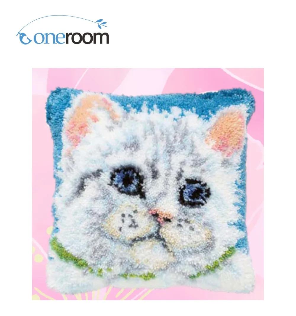 BZ041 White Cat Hook Rug Kit Pillow DIY Unfinished Crocheting Yarn Mat