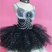 Сексуальные Серебряные стразы, черный купальник, костюм для женщин, певец, диджей, DS, танцевальная одежда, для сцены, блестящая пачка, наряд, боди