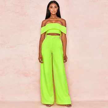 

Chic Two Piece Set Women Off the Shoulder Backless Short Crop Top & High Waist Wide Leg Full Pants Tracksuit Casual Trousers Set