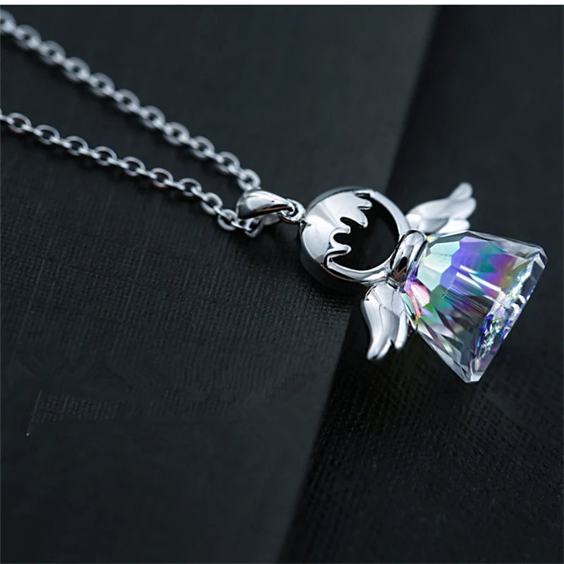 

925 Sterling Silver Jewelry For Women Crystal Pillar Angle Charm Necklaces & Pendants Female Collar Colar de Plata DZ480