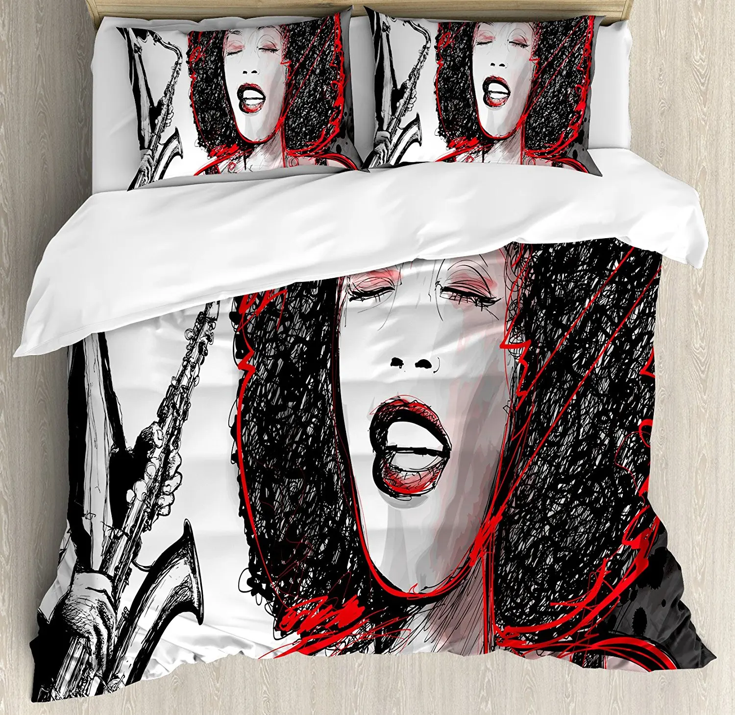 

Afro Decor Duvet Cover Set African American Girl Singing with Saxophone Player Popular Sound Design, 4 Piece Bedding Set