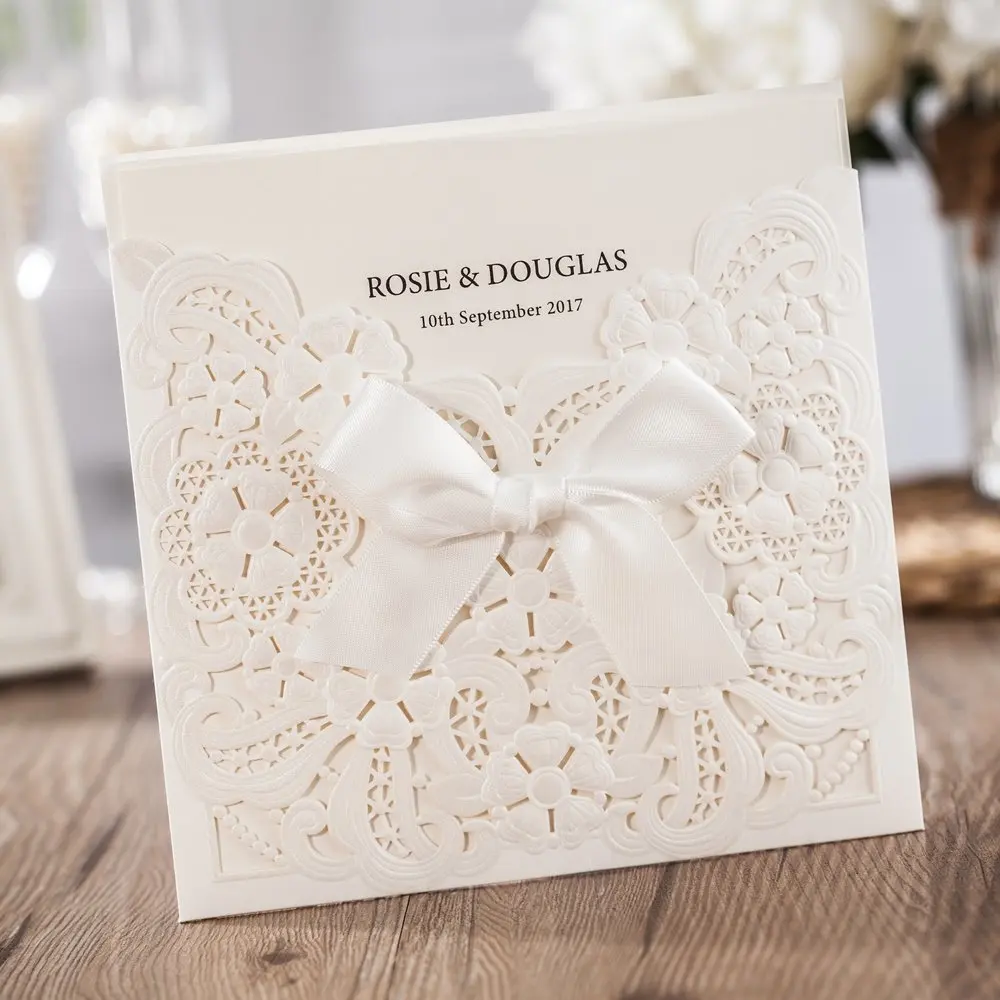 

1 PCS Sample WISHMADE Laser Cut Wedding Invitations Card with Bowknot Pearl Hollow Floral RSVP and Thank You Card CW6112