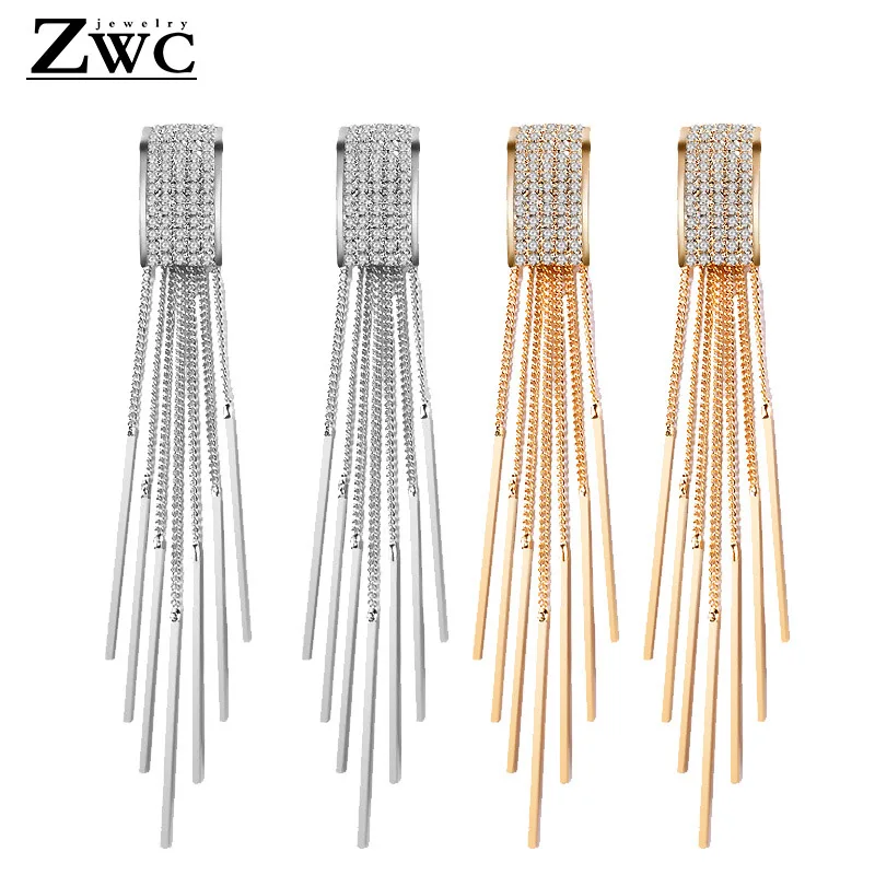 

ZWC Fashion Elegant Temperament Crystal Tassel Drop Earrings for Women and Girls Party Personality Metal Long Earrings Jewelry