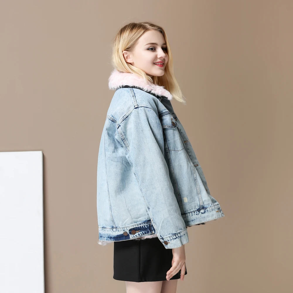 Parkas Rose Réel Agneau Jeans Femelle D'hiver Pardessus Marque Denim Manteau Doublure 2017 Femmes Laine Veste Hiver Naturel Fourrure 6tqCU