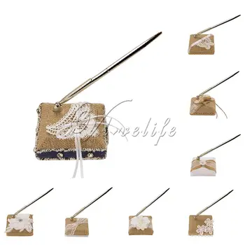 

New Natural Wedding Pen Set Handmade Rustic Burlap Pen & Pen Holder Stand With Lace Ribbons For Party Rustic Wedding Decoraitons