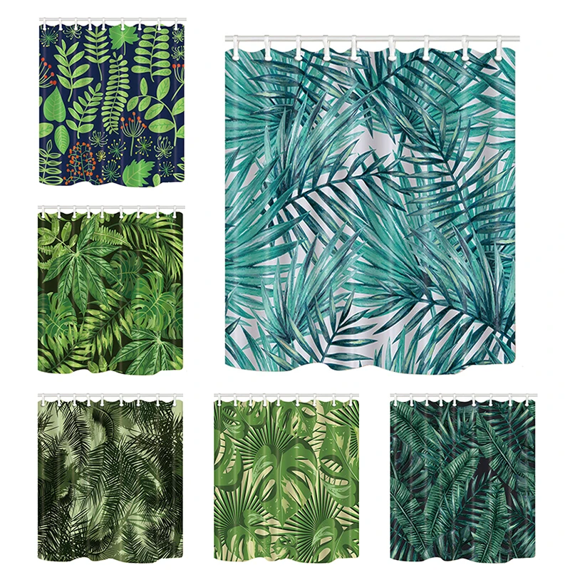 

Green Tropical Leaves Printing Bathroom Shower Curtains Polyester Fabric Home Decor Waterproof Mildew Proof with Hooks Washable