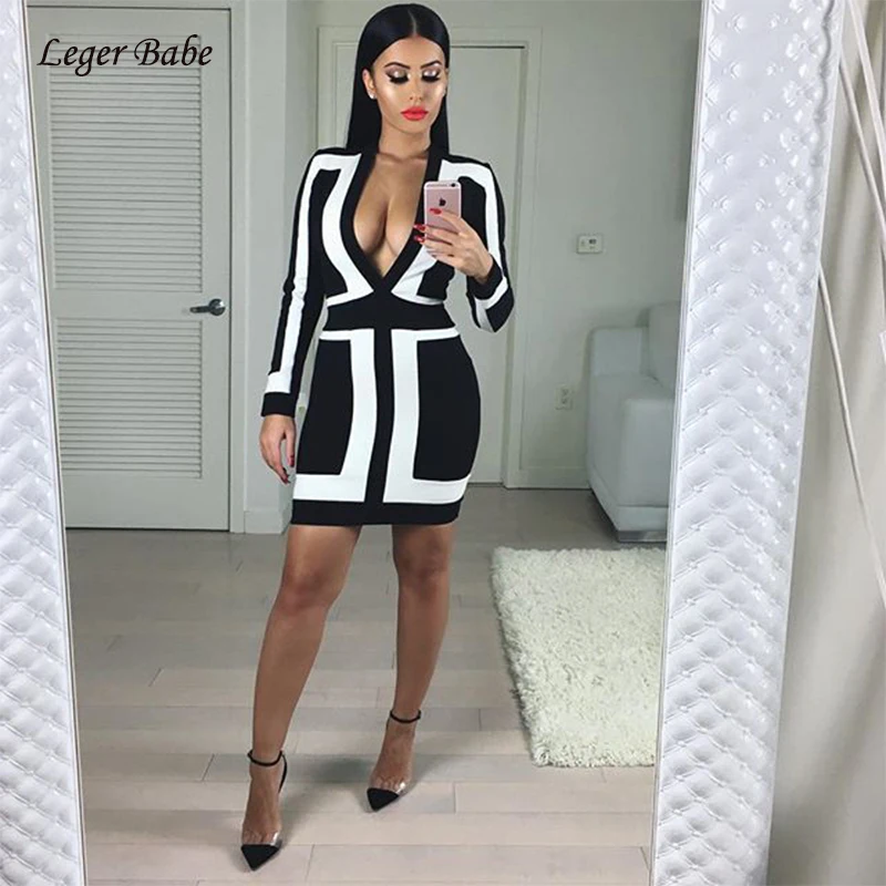 

Long Sleeve Casual Bandage Dress Women Cocktail Party Dress Deep V Neck Bodycon Womens Vestidos White&Black Patchwork Mini Dress