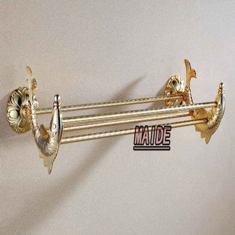 Double Gold plated Art Wall Mounted Bathroom Brass Towel Rail Holder